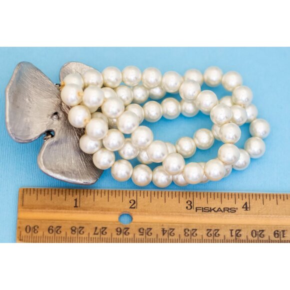 7 inch, Vintage Floral Rhinestones Petals White Faux Pearl Beads Bracelet - N29 - Picture 3 of 3